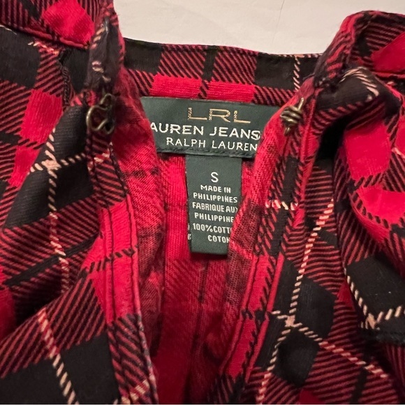 Lauren Ralph Lauren sz S red & black plaid ruffle front long sleeve knit blouse - Picture 6 of 12